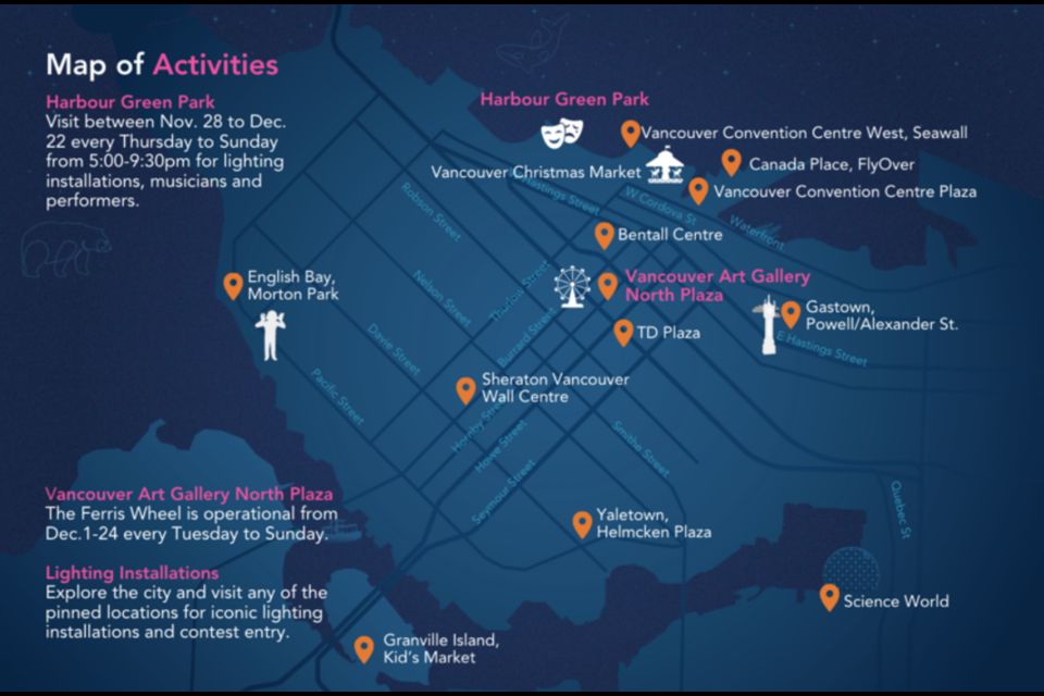 A map to the locations of the light up signs set up around Vancouver with holiday-themed lyrics.