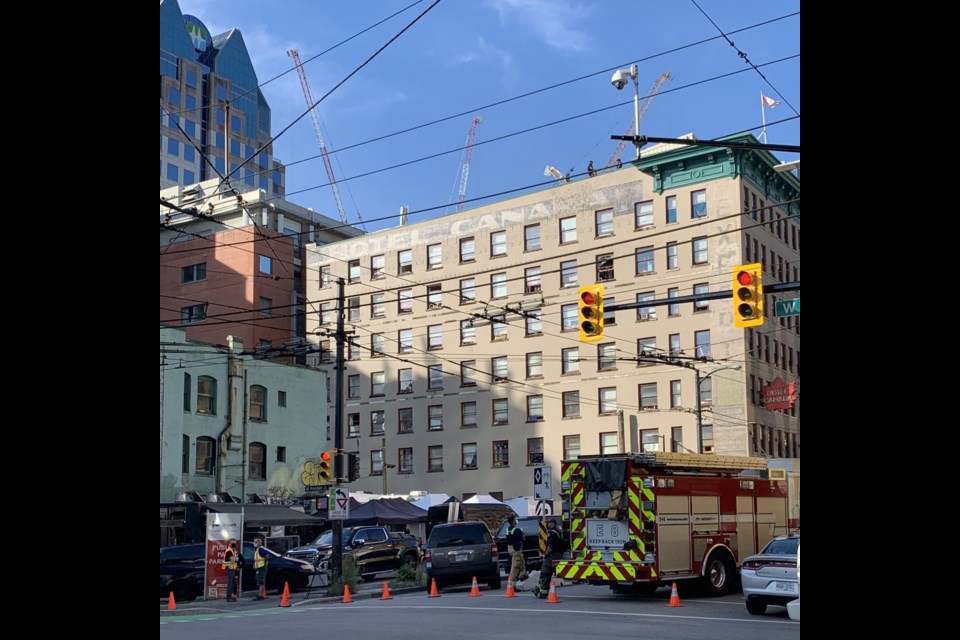 The set for a new Apple TV show was spotted in Downtown Vancouver complete with a district police station in August 2021.