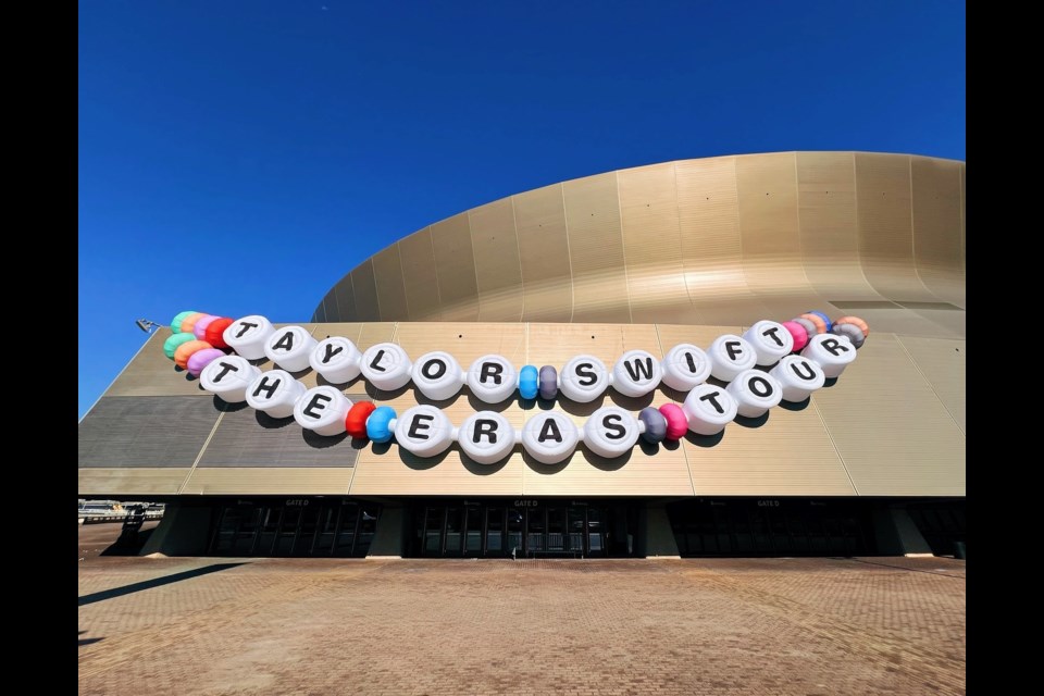 The travelling giant Taylor Swift Eras Tour friendship bracelet was created by and hung at the Caesars Superdome in New Orleans in October 2024. 