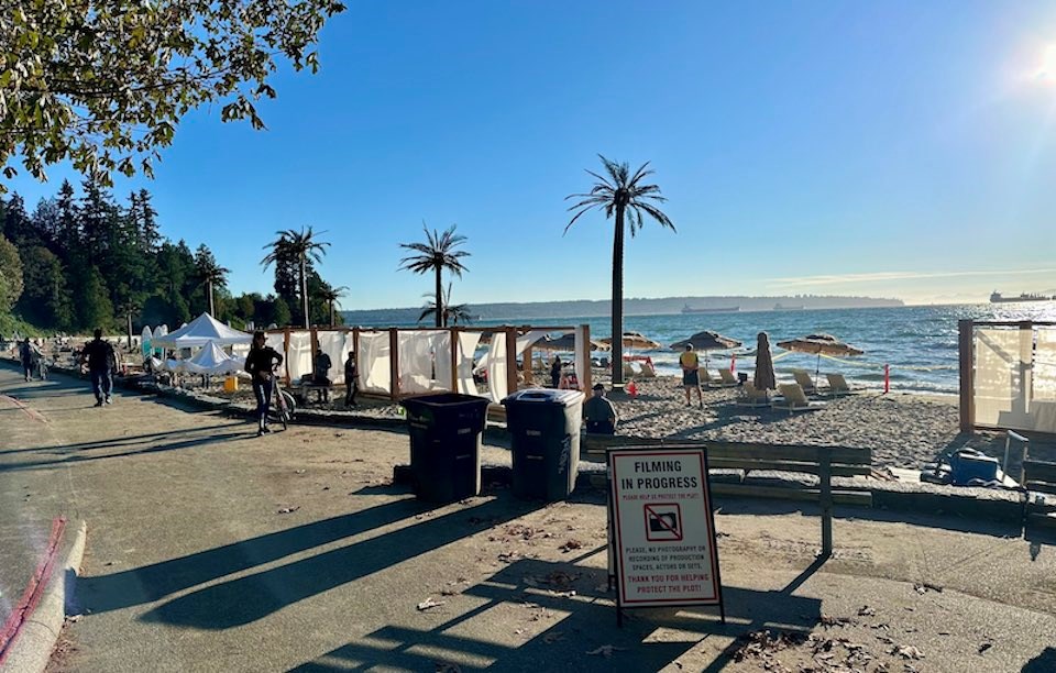 Part of Third Beach in Vancouver's Stanley Park is closed on Sept. 16, 2024, for filming the "Upload" TV series starring Robbie Amell. 