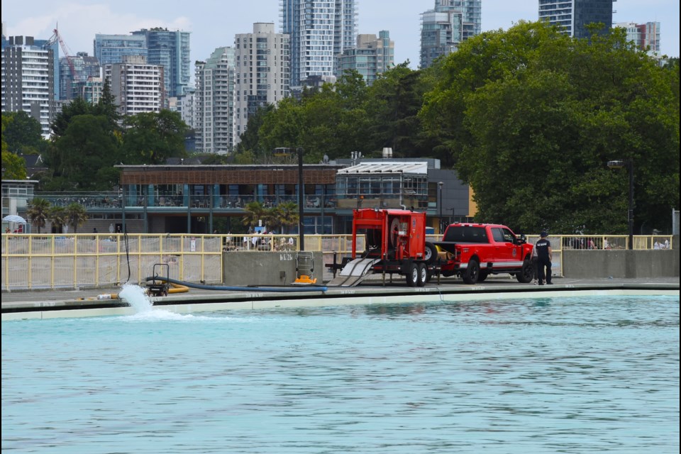 The Vancouver Fire Rescue Service helped fill up the Kitsilano Pool on Sunday, July 28, 2024. The outdoor swimming pool is expected to re-open in early August.