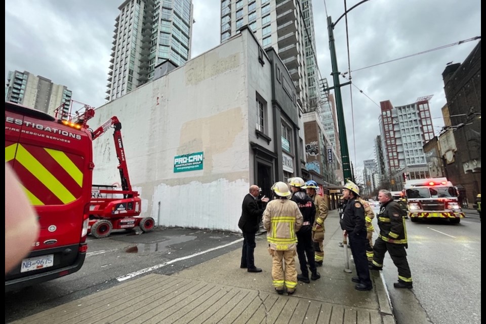 A blaze in a boarded-up building in Downtown Vancouver resulted in a street closure on February 1, 2024.