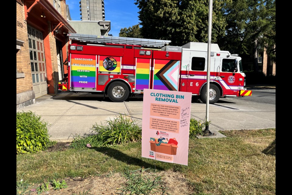 The Vancouver Firefighter charity clothing donation bins have been removed due to incidents of theft and vandalism.