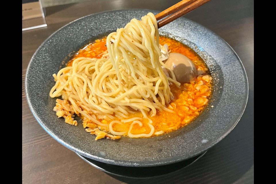 Spicy Garlic is one of the ramen bowls served at Menya Juémon, a new restaurant on West Broadway near City Hall