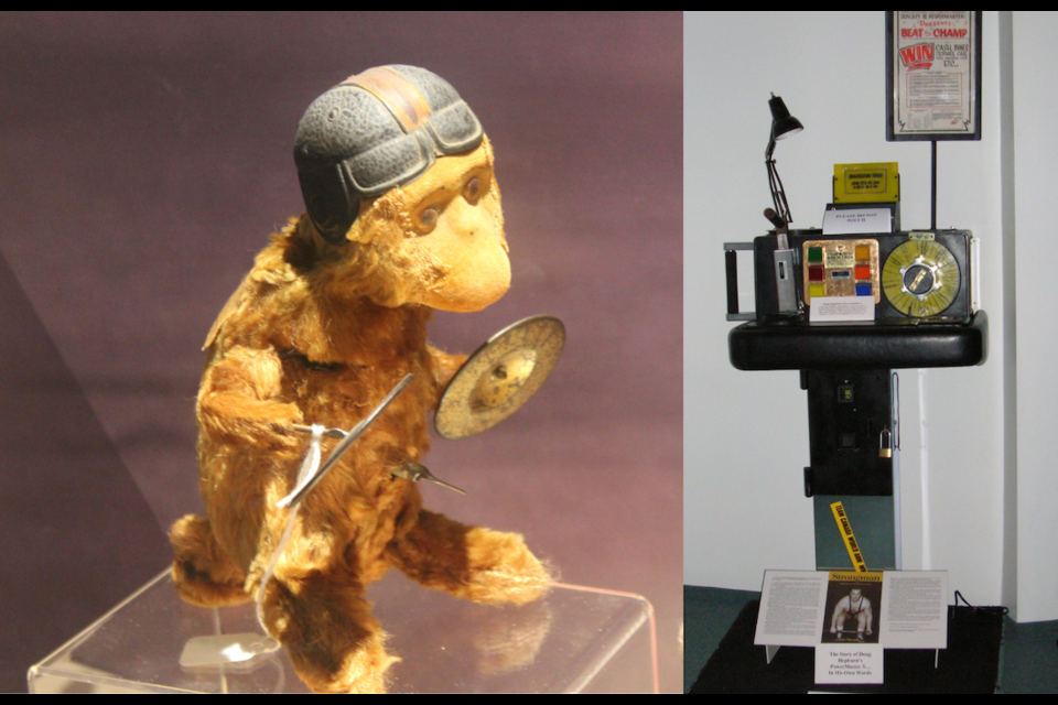 'Chimpy' the dancing wind-up monkey (left) and a Doug Hepburn Powermaster 3 arm wrestling machine are two of the five most unusual items in the BC Sports Hall of Fame's incredible collection.