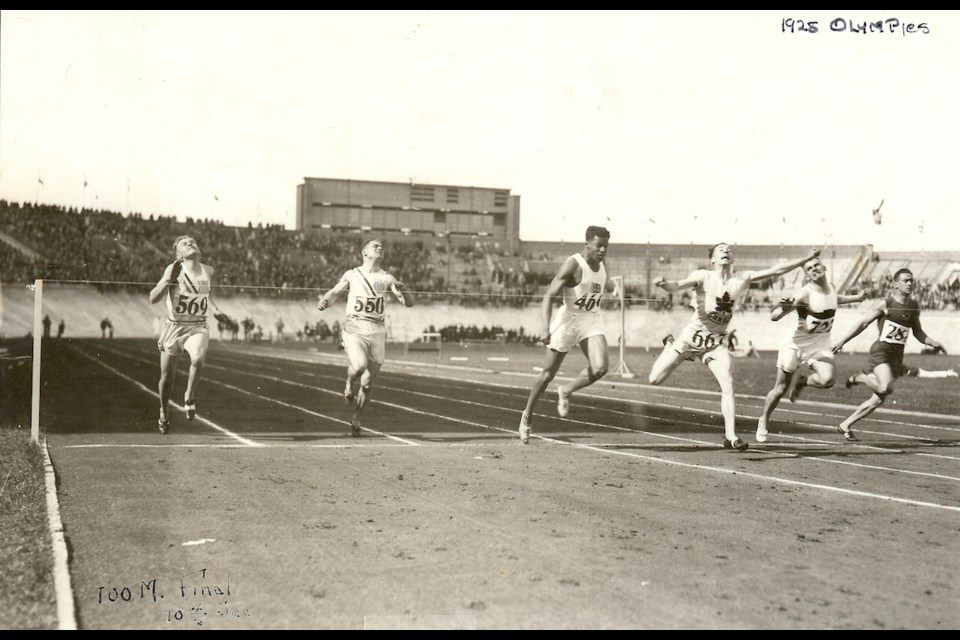 Percy Williams, seen here wearing competitor number 667 is third from right. He sprinted into history winning the 100-metre race for Canada in the 1928 Olympics.