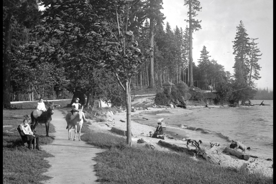 In this photo from the 1890s, a family (including a pair of donkeys and a dog) hang out at Second Beach. The forests of what is now Kitsilano are in the background on the right.
Reference code: AM54-S4-: SGN 5