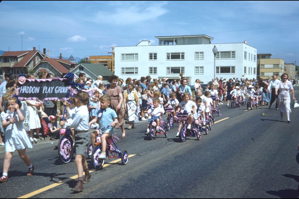 The Haddon Play Group on parade down Kitsilano's Cornwall Street in the 1960s. Reference code: AM1517-S1-: 2008-022.126