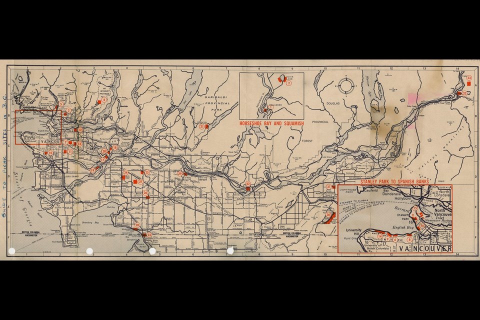 In 1960, cigarette company Rothmans published this map of picnic spots in Vancouver.