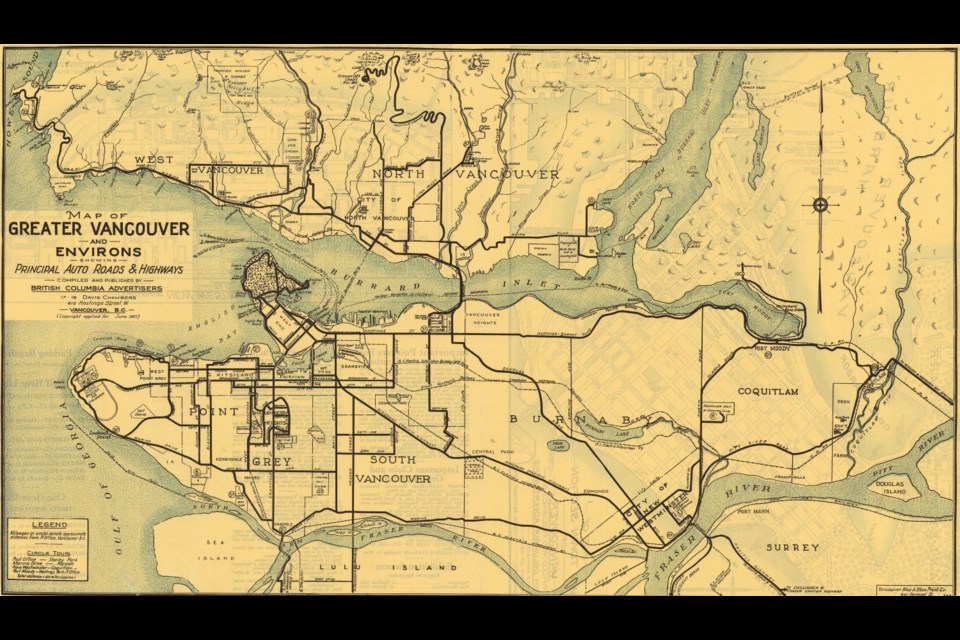 On one side of the brochure is map of the region showing the surrounding area. Much of what we now know as Metro Vancouver was relatively undeveloped at the time.
Reference code: AM1519-: PAM Und. 809-: LEG1319.167