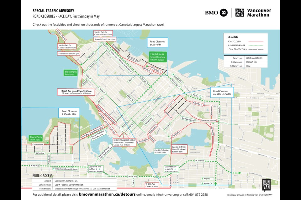 BMO Vancouver Marathon Road closures bus route changes