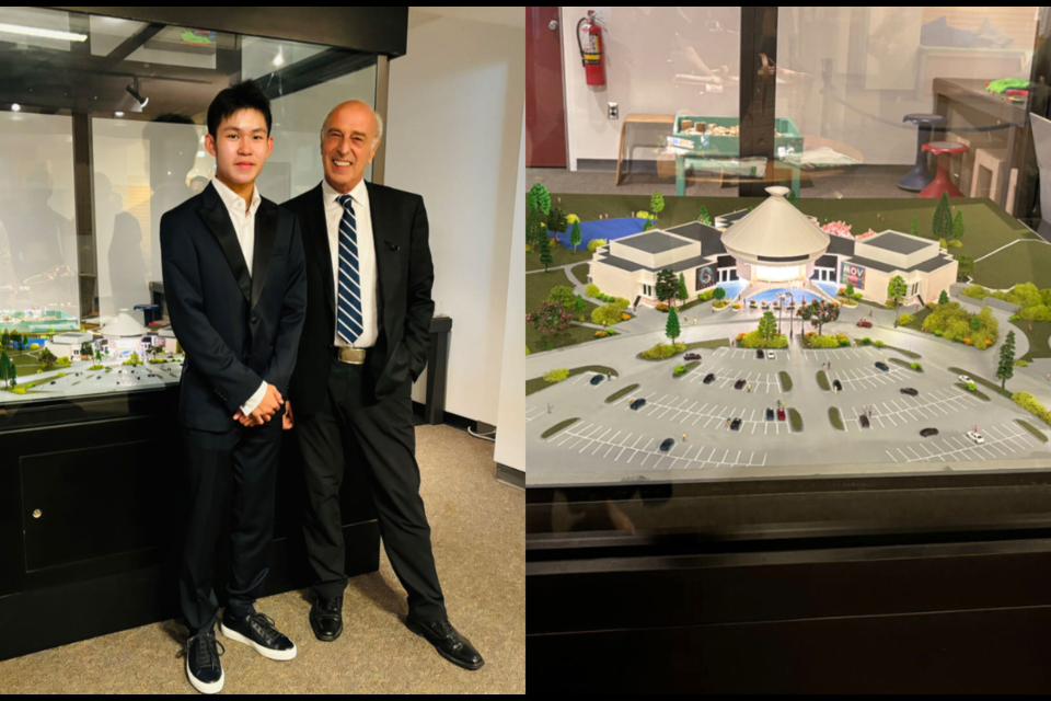 Kyle Chen (left) unveiled his model of the Museum of Vancouver to CEO Mauro Vescera (right) and others at an event on Thursday, Sept. 12, 2024.