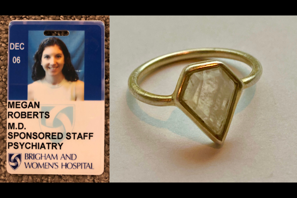 Left: One of the IDs is from Harvard's Brigham and Women's Hospital. Right: A ring like this one is among the missing items.