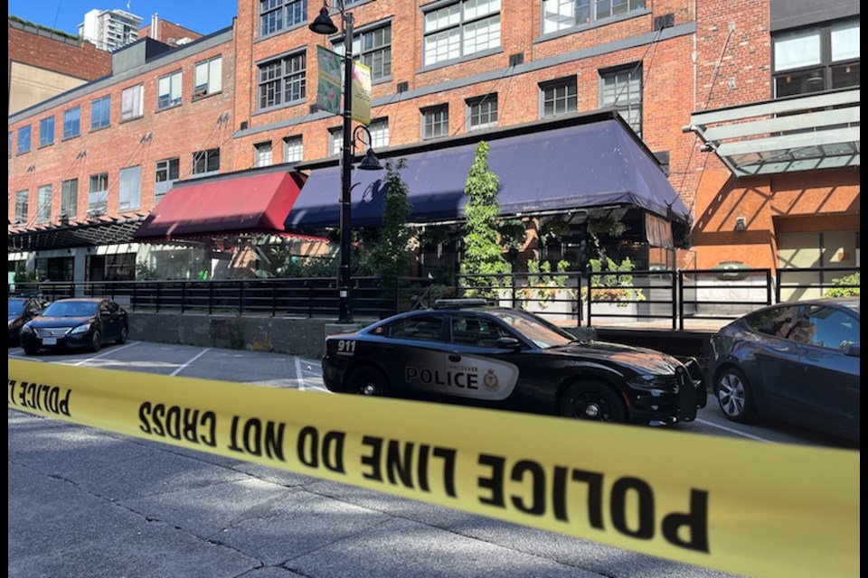 Vancouver police have cordoned off an area in the Yaletown neighbourhood and are on scene investigating a drive-by shooting on Wednesday, July 10, 2024.