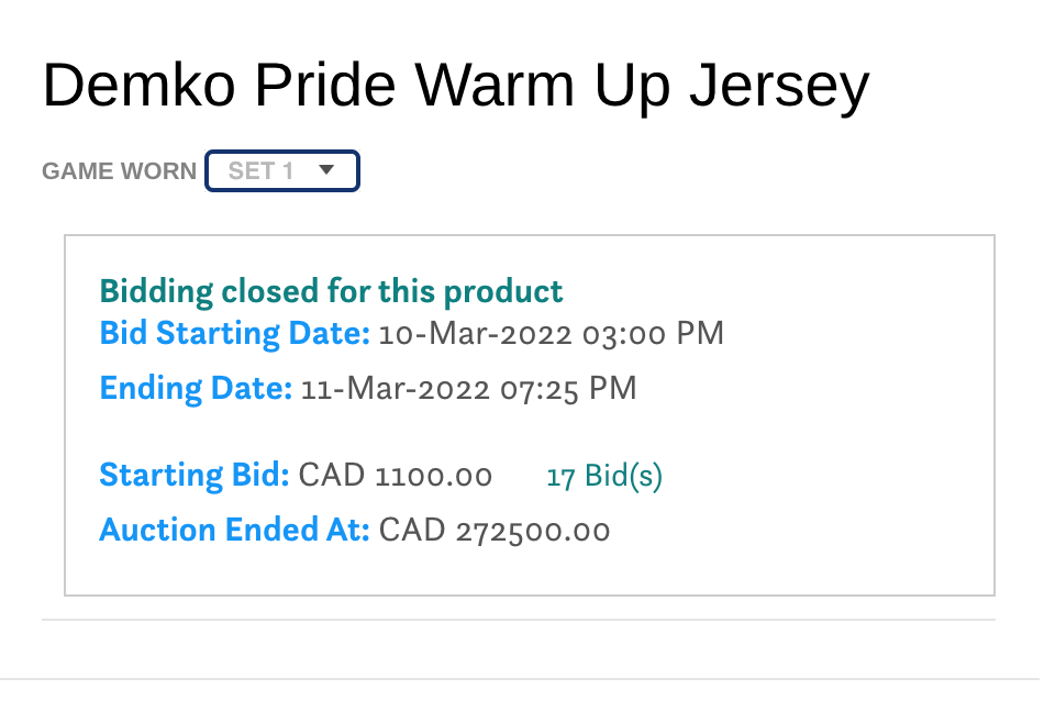 Thatcher Demko's Pride Night jersey apparently sells for $272,500