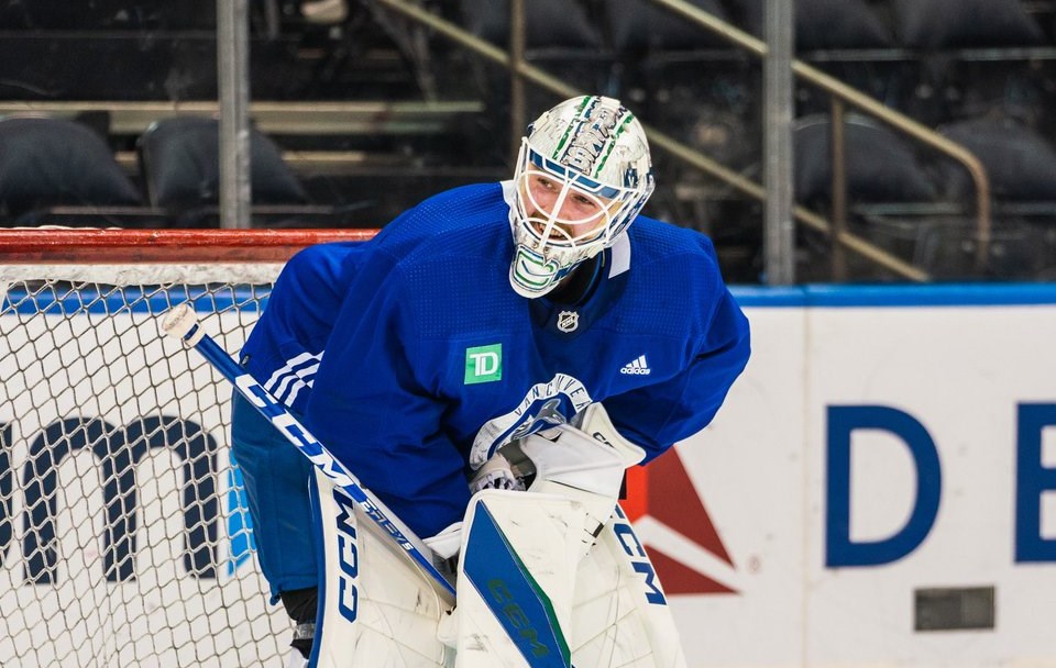 Canucks' Thatcher Demko shows how tough goalie practice can be