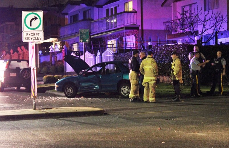 Emergency crews responding to a medical call in North Burnaby last night ended up witnessing a stolen car being t-boned by a police vehicle instead. Photo by Ryan Stelting