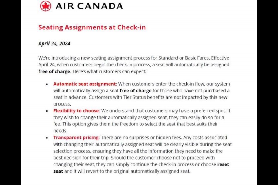 Air Canada backs down after seat selection fee critiicsm - Bow 