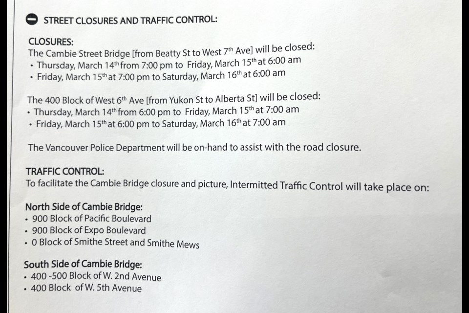 Cambie Bridge to be shut down for filming March 14 16 2024