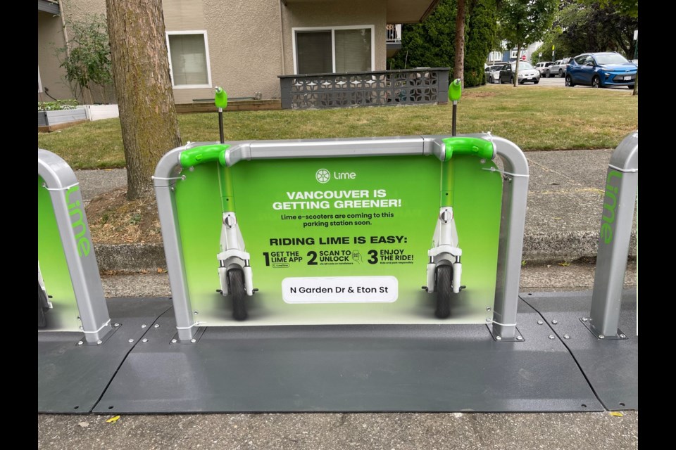 The first shared e-scooter parking station has been set up in Vancouver at North Garden Drive and Eton Street.