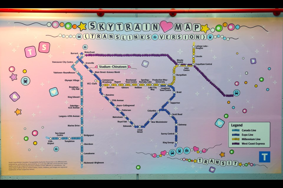 A special map of the Vancouver transit system featuring nods to Taylor Swift has been revealed in the week before the Eras Tour shows at BC Place on Dec. 6, 7, and 8.