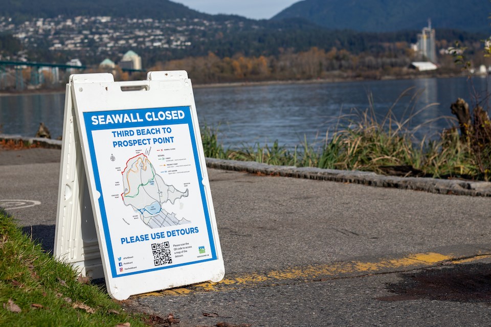 The Stanley Park seawall is closed on Monday, Oct. 21 following a major storm. However, the Vancouver weather forecast does not include more torrential rain.