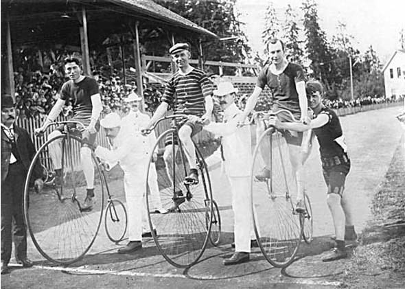 1902 - A high wheel bicycle race at Brockton Point, starring T.A. Lyttleton, Colin Marshall, and W.F. Findlay.