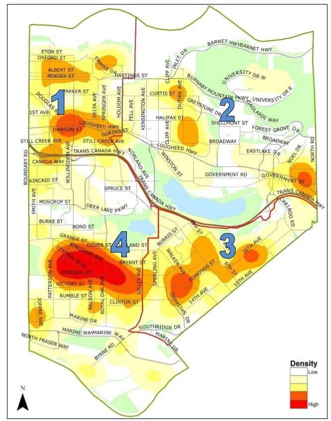  This heat map shows the highest and lowest density crime areas in Burnaby. Burnaby RCMP Crime Prevention Unit image