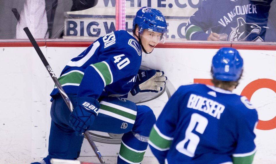 Elias Pettersson celebrates a goal with Brock Boeser with the Vancouver Canucks