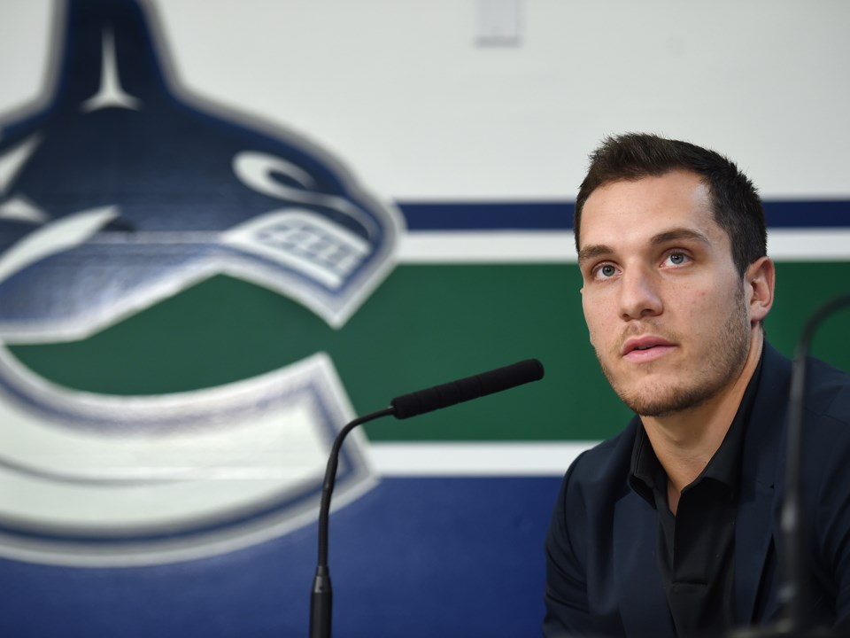 Bo Horvat talks to the media at the Canucks 2019 media day.