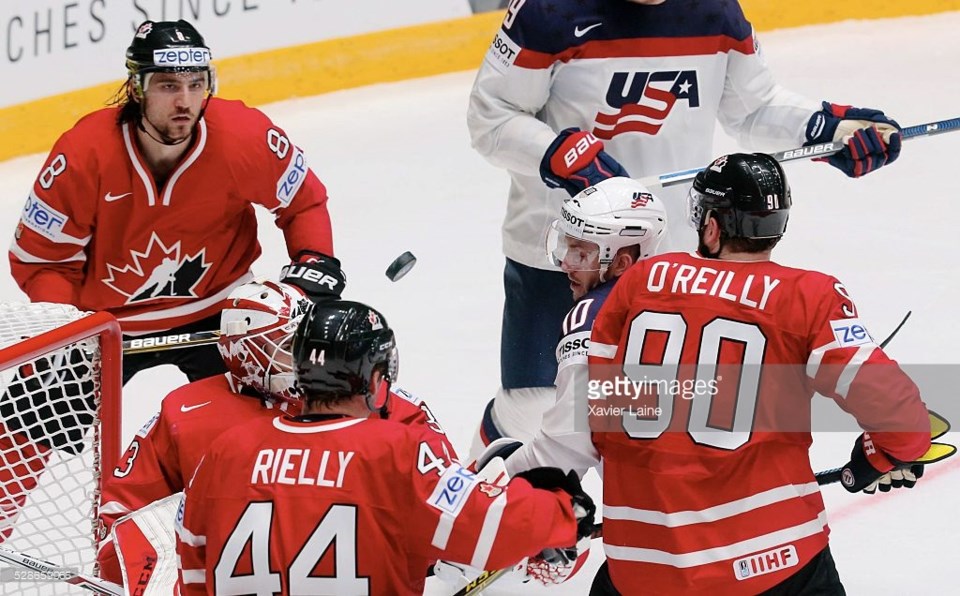 Chris Tanev playing for Team Canada at the World Championships