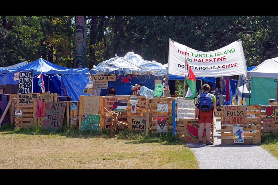 Pro-Palestinian protesters remained at the People’s Park UVic encampment on the University of Victoria campus on Monday, July 8, 2024. ADRIAN LAM, TIMES COLONIST