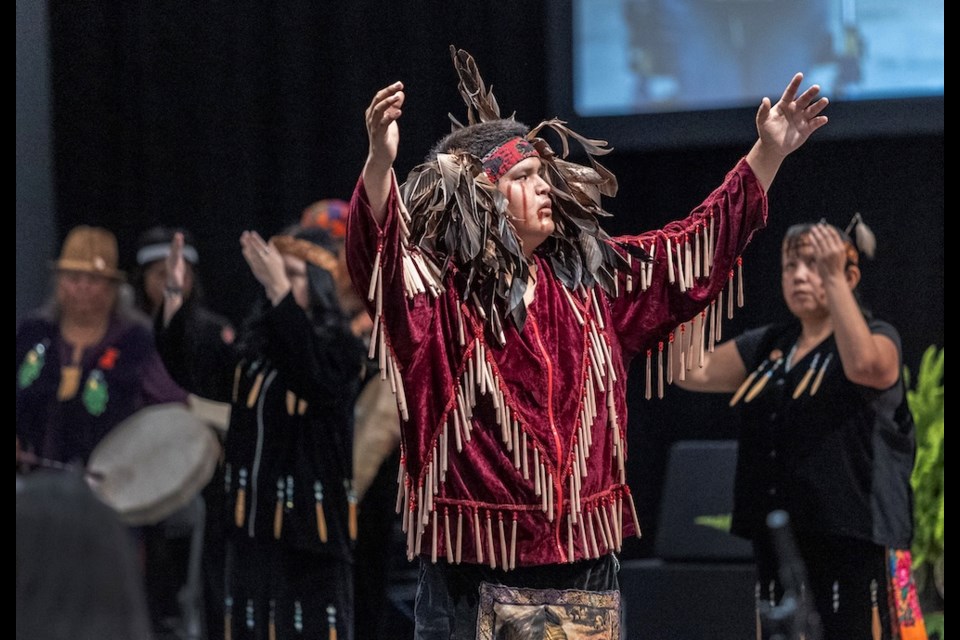 Lekwungen traditional dancers perform at the Victoria Conference Centre on Wednesday, Sept. 18, 2024, as the Canadian Medical Association apologized for past and ongoing harms to First Nations, Inuit and Métis Peoples in the Canadian health system. DARREN STONE, TIMES COLONIST