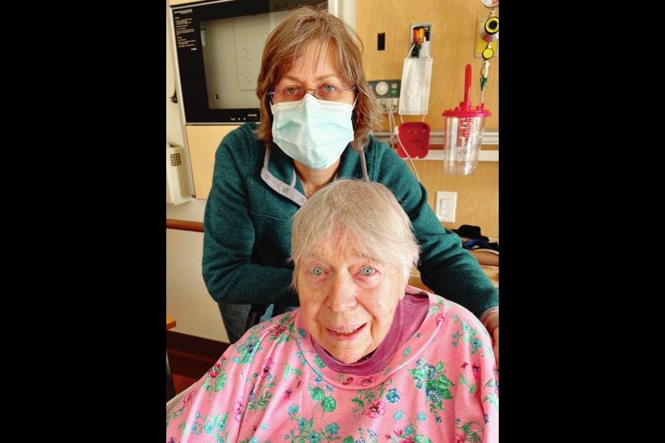 Helen Bell with her mother, Margaret (Margot) Mears. Bell says she was phoned by Royal Jubilee Hospital staff Monday morning and asked to help feed her mother due to a staffing shortage. FAMILY PHOTO 