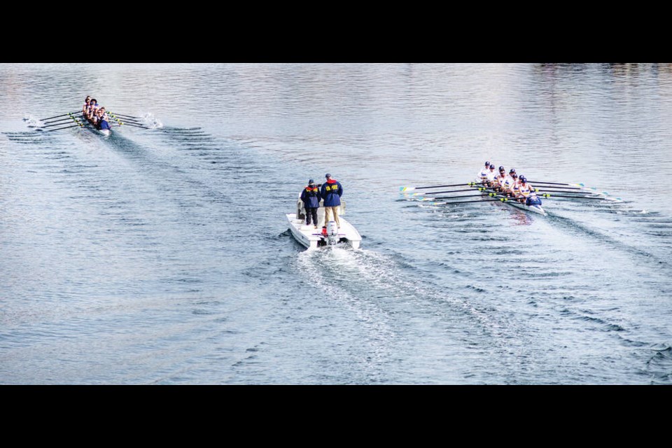 The UVic Vikes, right, fall behind the UBC Thunderbirds during the men's race at the Brown Cup rowing event near the Bay Street Bridge in the Upper Harbour on Saturday. UBC went on to win the men's race, while the UVic women's team defeated the Thunderbirds in the annual eights race which went along the Gorge, from the Tillicum Narrows to the Inner Harbour. DARREN STONE, TIMES COLONIST 