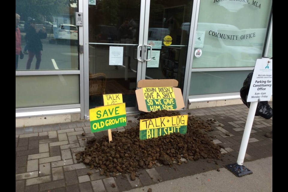 The group Save Old Growth left a stinky message for Premier John Horgan Wednesday morning. The protest group wants to see an end to all old-growth logging across B.C. SAVE OLD GROWTH 