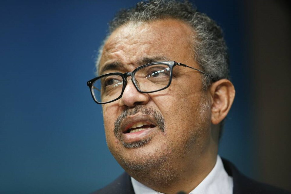 The head of the World Health Organization, Tedros Adhanom Ghebreyesus speaks during a media conference at an EU Africa summit in Brussels on Feb. 18, 2022. The World Health Organization says monkeypox still does not warrant being declared a global emergency even though it's spreading in more than 70 countries. The decision announced on Saturday was the second time within weeks that WHO’s emergency committee declined to classify the unprecedented outbreak of the once-rare disease as an emergency. (Johanna Geron/Pool Photo via AP, File)