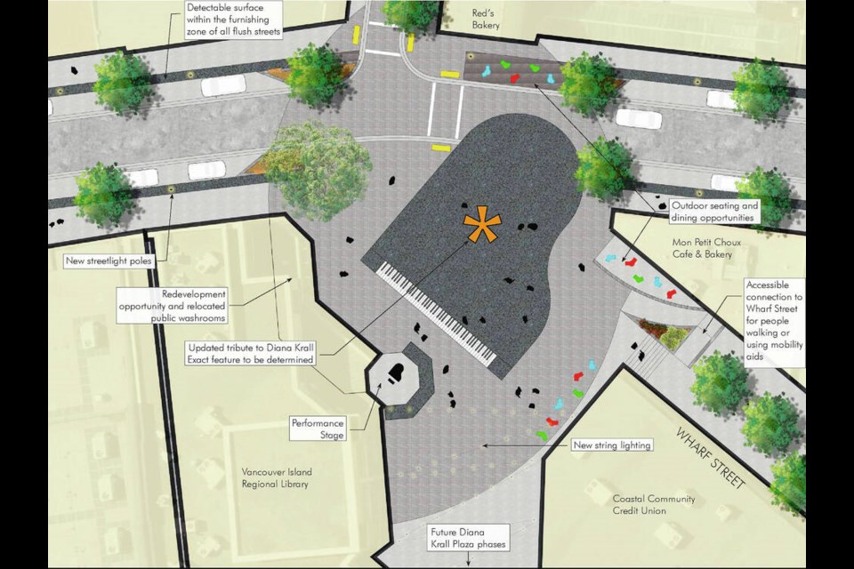 One concept for Diana Krall Plaza  dedicated to the Nanaimo singer and ­pianist  would see a birds-eye-view with an outline of a grand piano.  Via City of Nanaimo 