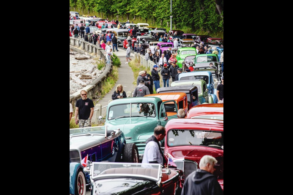 Northwest Deuce Days participants line up at Ross Bay, getting ready to take part in what is known as a poker run. DARREN STONE, TIMES COLONIST. July 16, 2022 