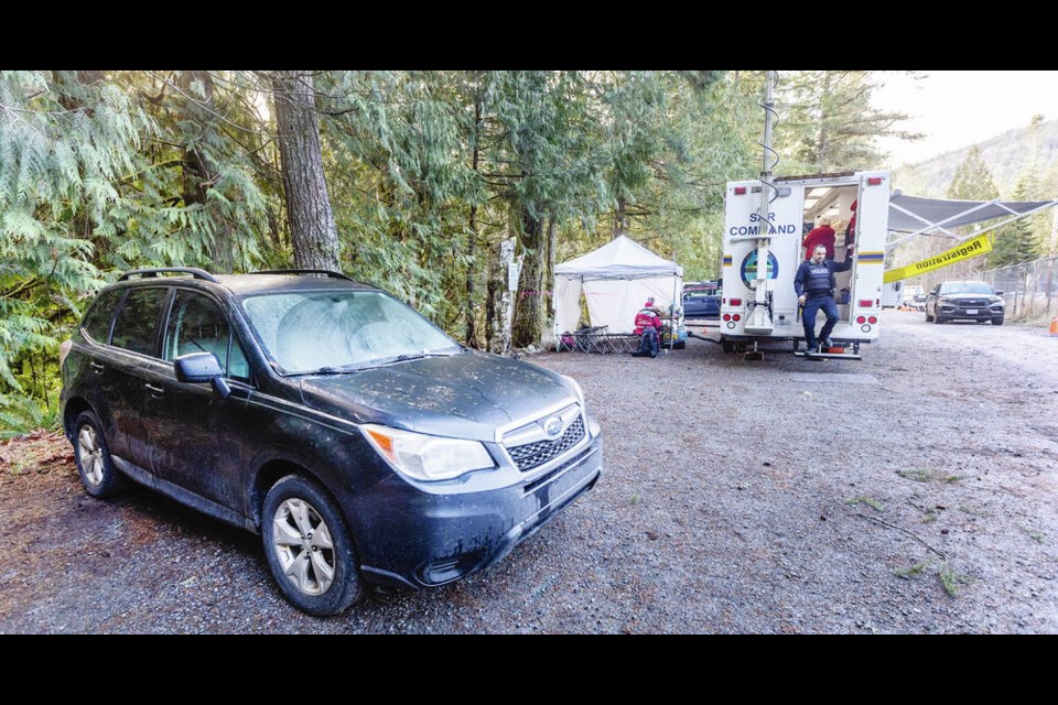 Melissa McDevitt's car where it was found in the parking lot at the Charters Creek fish hatchery, a few kilometres from Sooke Potholes. DARREN STONE, TIMES COLONIST 