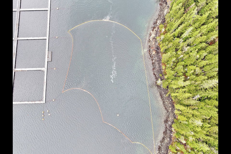 Booms deployed in Chancellor Channel near Sayward to contain leaking diesel fuel after a fuel truck rolled off a barge on April 20, 2023. B.C. MINISTRY OF ENVIRONMENT AND CLIMATE CHANGE STRATEGY. 