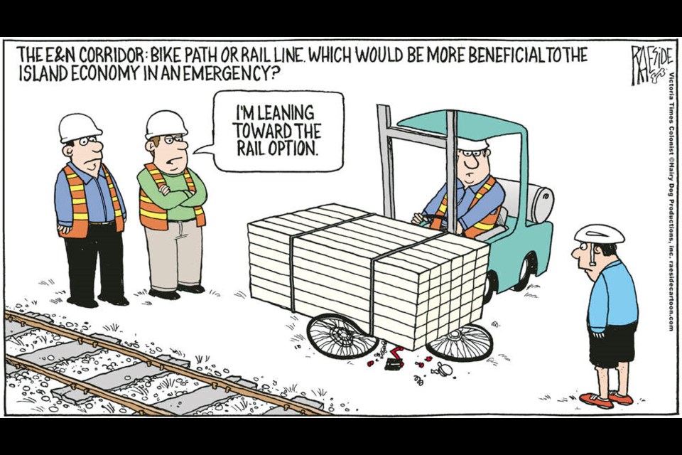 Adrian Raeside cartoon: Rail or trail for E&N corridor?    June 20, 2023