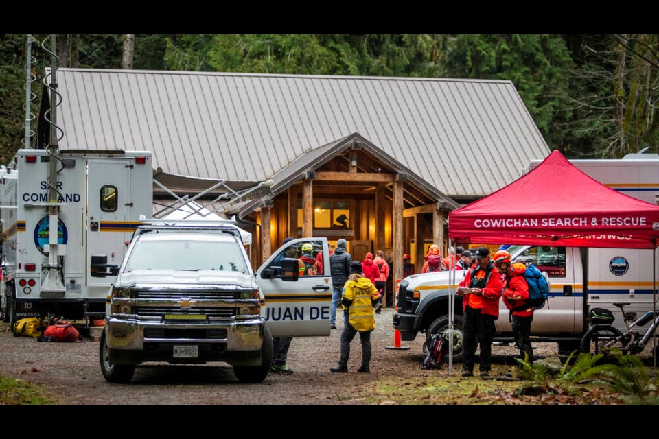 Search and rescue personnel gather at the SAR Command Centre at the Sooke River Jack Brooks Hatchery on Dec. 17 during the search for Melissa McDevitt. DARREN STONE, TIMES COLONIST 