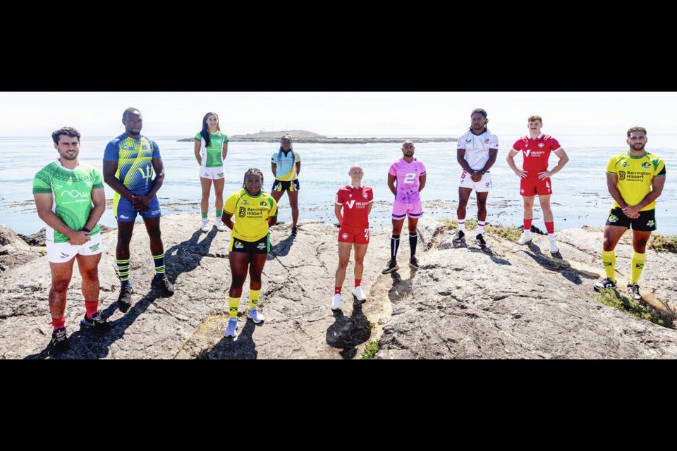 The captains of the national teams for this weekend’s North American and Caribbean rugby sevens men’s and women’s qualifying tournaments for the 2024 Paris Olympics gathered Thursday for the traditional captains’ photo at McMicking Park on the waterfront near the Victoria Golf Club. From left, Franco Guerrero of Mexico, Sean Ward of Barbados, Alessandra Bender-Cruz of Mexico, Lauryn Walker of Jamaica, Renetta Fredericks of St. Lucia, Olivia Apps of saʴý, Teshon De Silva of Bermuda, Kevon Williams of the U.S., Cooper Coats of saʴý and Conan Osborne of Jamaica. (Missing, the men’s and women’s captains from St. Vincent and Grenadines.) The tournament runs Saturday and Sunday at Starlight Stadium in Langford. DARREN STONE, TIMES COLONIST 