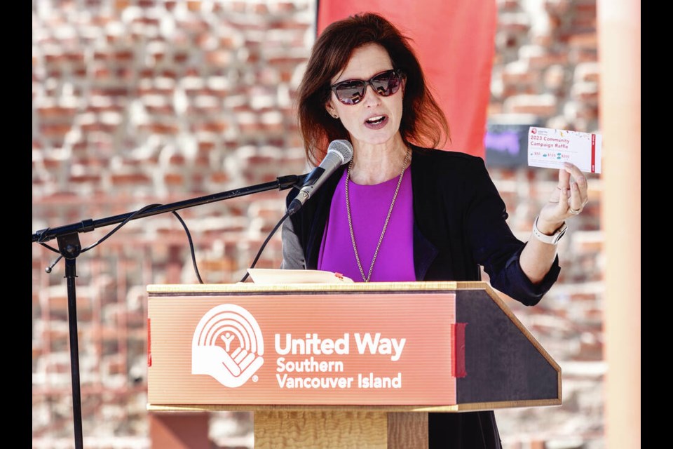 United Way South Vancouver Island’s campaign chair Darlene Hollstein speaks at the fundraising kickoff in Centennial Square on Thursday. DARREN STONE, TIMES COLONIST 