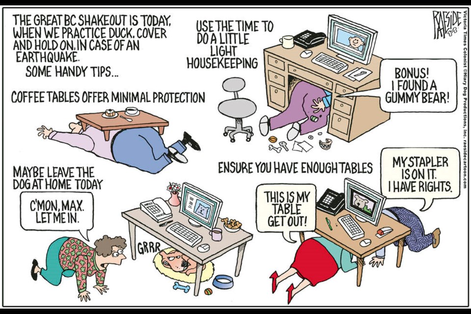 Adrian Raeside cartoon: Participating in the ShakeOut earthquake drill.   Oct. 19, 2023