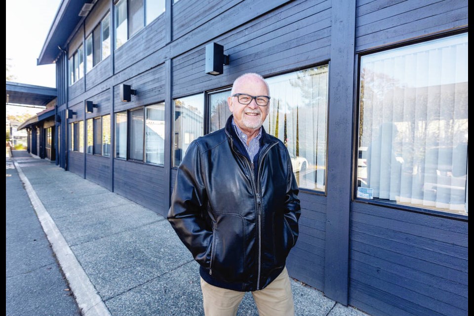 Cancer patient Angus Matthews outside the former Canadian National Institute for the Blind building on Richmond Avenue. DARREN STONE, TIMES COLONIST 