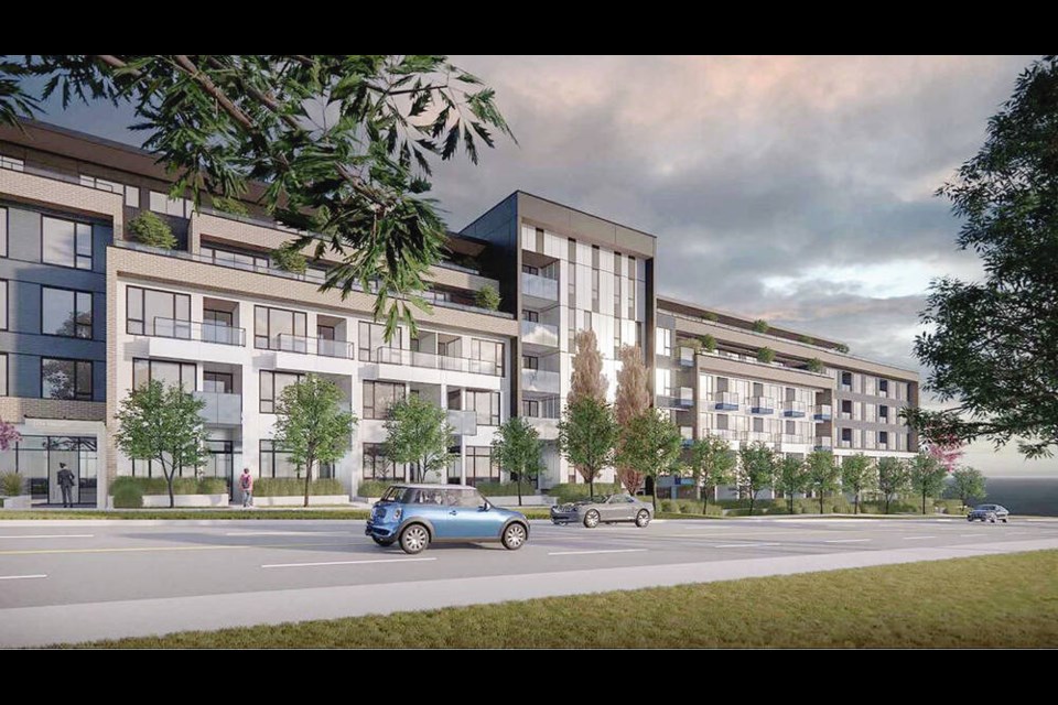 Artist’s rendering of a 119-unit apartment complex that would replace five single-family and duplex residential buildings on Tillicum Road and Lampson Street. VIA LIDA HOMES 