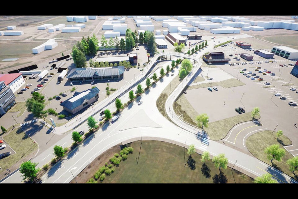 An artist’s rendering of the proposed North Cowichan overpass, 
facing south. B.C. MINISTRY OF TRANSPORTATION AND INFRASTRUCTURE 