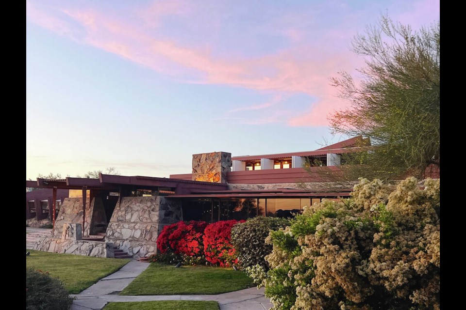 Frank Lloyd Wright’s Taliesin West home and studio, now a UNESCO World Heritage site, glows at sunset. The famous architect lived there after designing and building it in the 1930s until his death in 1959. It’s now open for tours. KIM PEMBERTON 